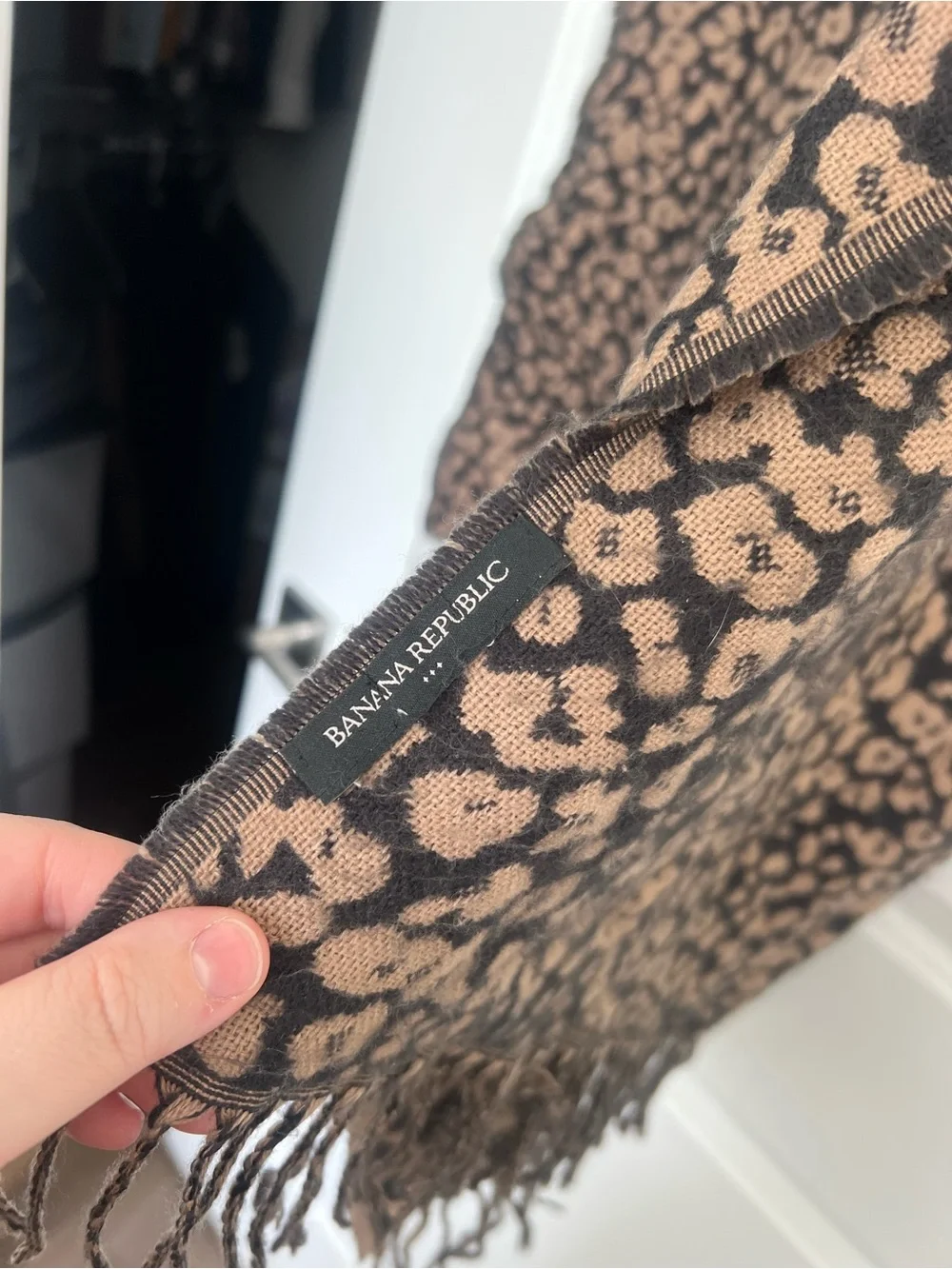 Banana Republic Black and Tan Leopard Print Fringe Scarf Wrap